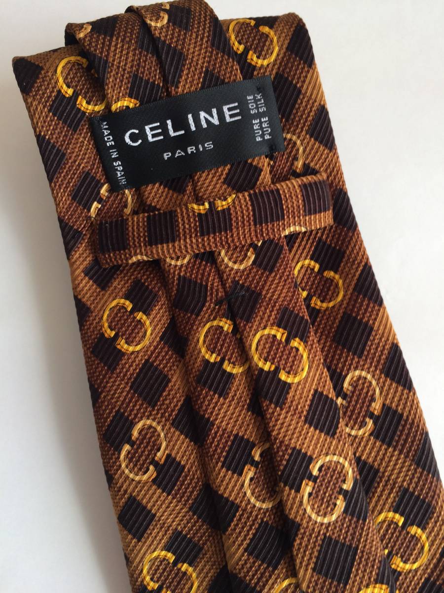 良品 セリーヌ シルク１００ スペイン製 ネクタイ ファッション小物 メンズ リング柄 絹 茶 金 黄土色 ｃｅｌｉｎｅ 最大96 Offクーポン ネクタイ