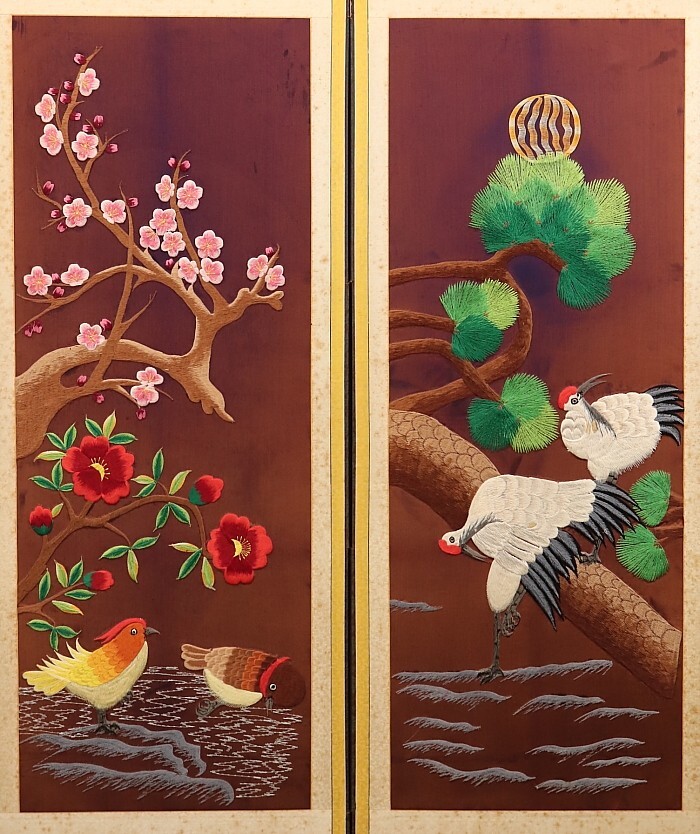 7269□【真作】 花鳥図屏風 絹本 刺繍 肉筆 李朝 朝鮮(花鳥 7269□【真作】 花鳥図屏風 絹本 刺繍 肉筆 李朝 朝鮮(花鳥