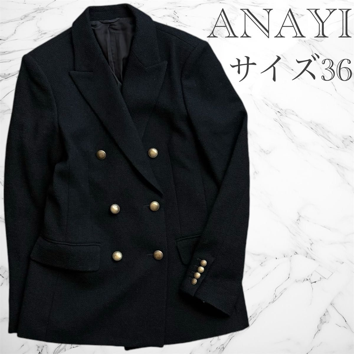 ANAYI ウールツイードダブルジャケット 金ボタン ブラック ANAYI ウールツイードダブルジャケット 金ボタン ブラック
