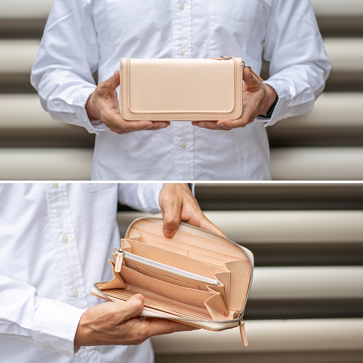 生成りヌメ【牛革】フルレザー メンズ 本革 長財布 ラウンド 生成りヌメ【牛革】フルレザー メンズ 本革 長財布 ラウンド