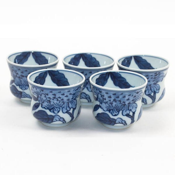 有田焼 館林源右衛門 染付 向日葵絵 湯呑 五客 茶道具 陶器 中古 有田焼 館林源右衛門 染付 向日葵絵 湯呑 五客 茶道具 陶器 中古