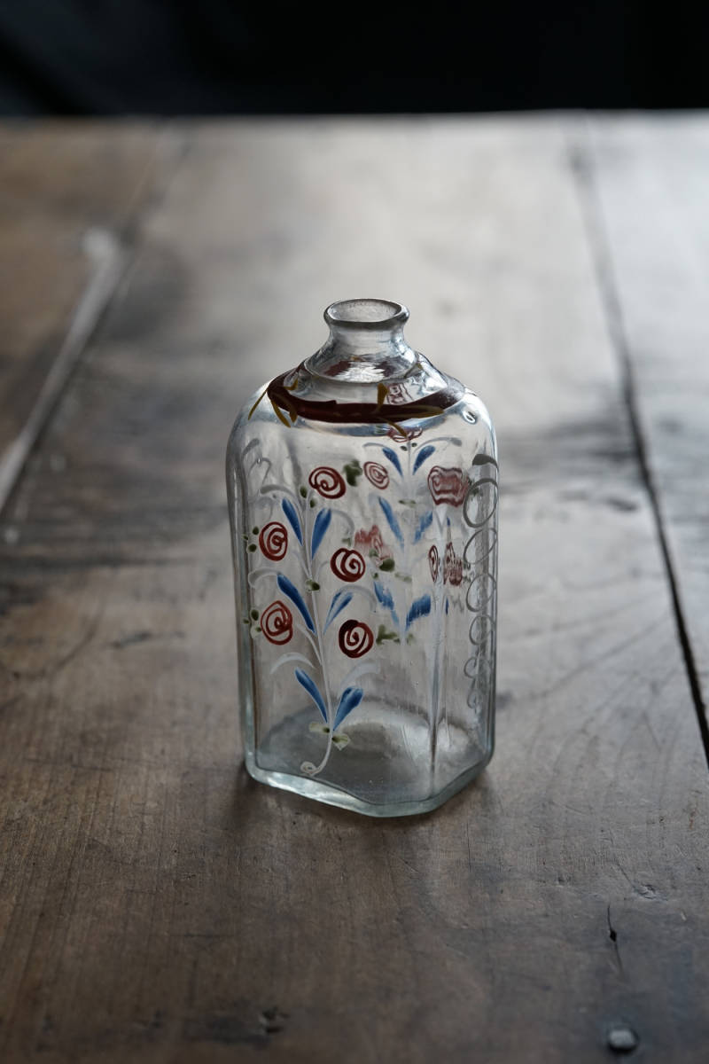 型吹きガラスのエナメル彩の婚礼用ボトル 酒瓶_小 / 18世紀・フランス / アンティーク 古道具 硝子 婚礼用