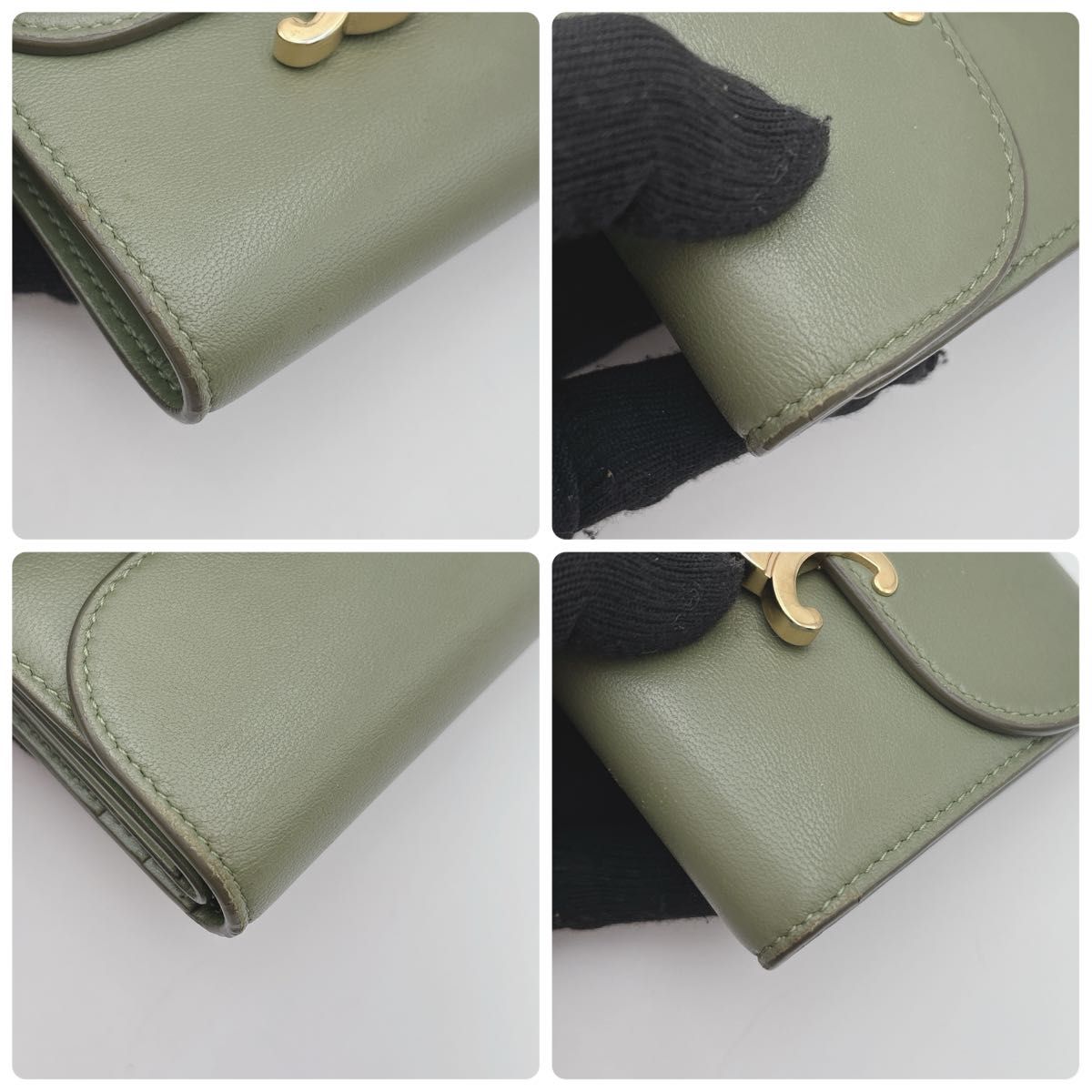 美品】 セリーヌ トリオンフ 三つ折り財布 グリーン CELINE 美品】 セリーヌ トリオンフ 三つ折り財布 グリーン CELINE