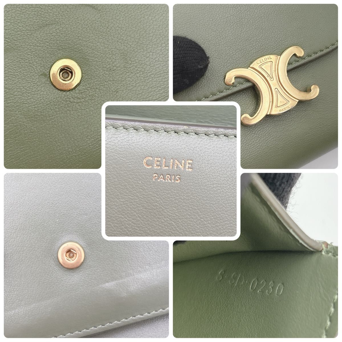美品】 セリーヌ トリオンフ 三つ折り財布 グリーン CELINE 美品】 セリーヌ トリオンフ 三つ折り財布 グリーン CELINE