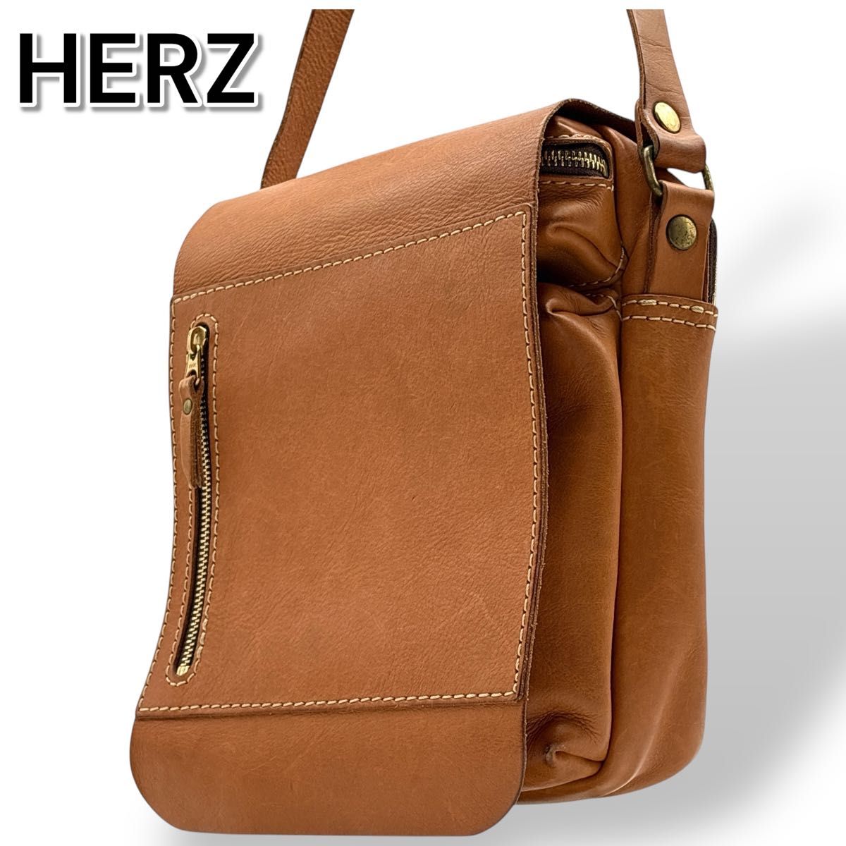 美品】HERZ ヘルツ ショルダーバッグ 本革 キャメル 斜め掛け CK 美品】HERZ ヘルツ ショルダーバッグ 本革 キャメル 斜め掛け CK