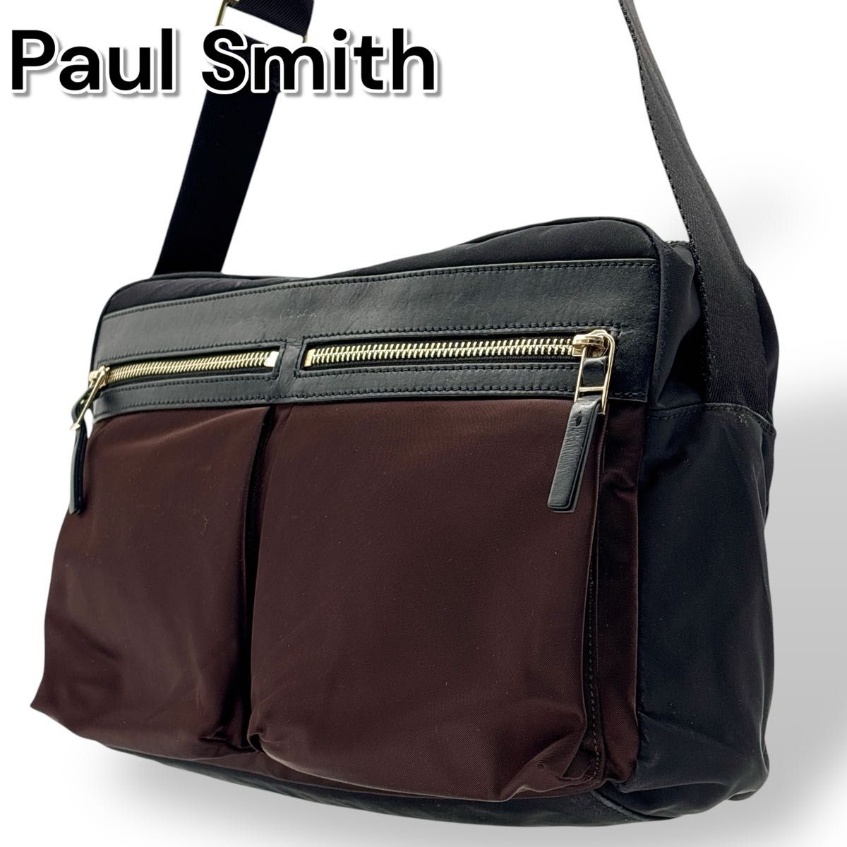 美品】Paul Smith ポールスミス ショルダーバッグ 黒 茶 革 美品】Paul Smith ポールスミス ショルダーバッグ 黒 茶 革