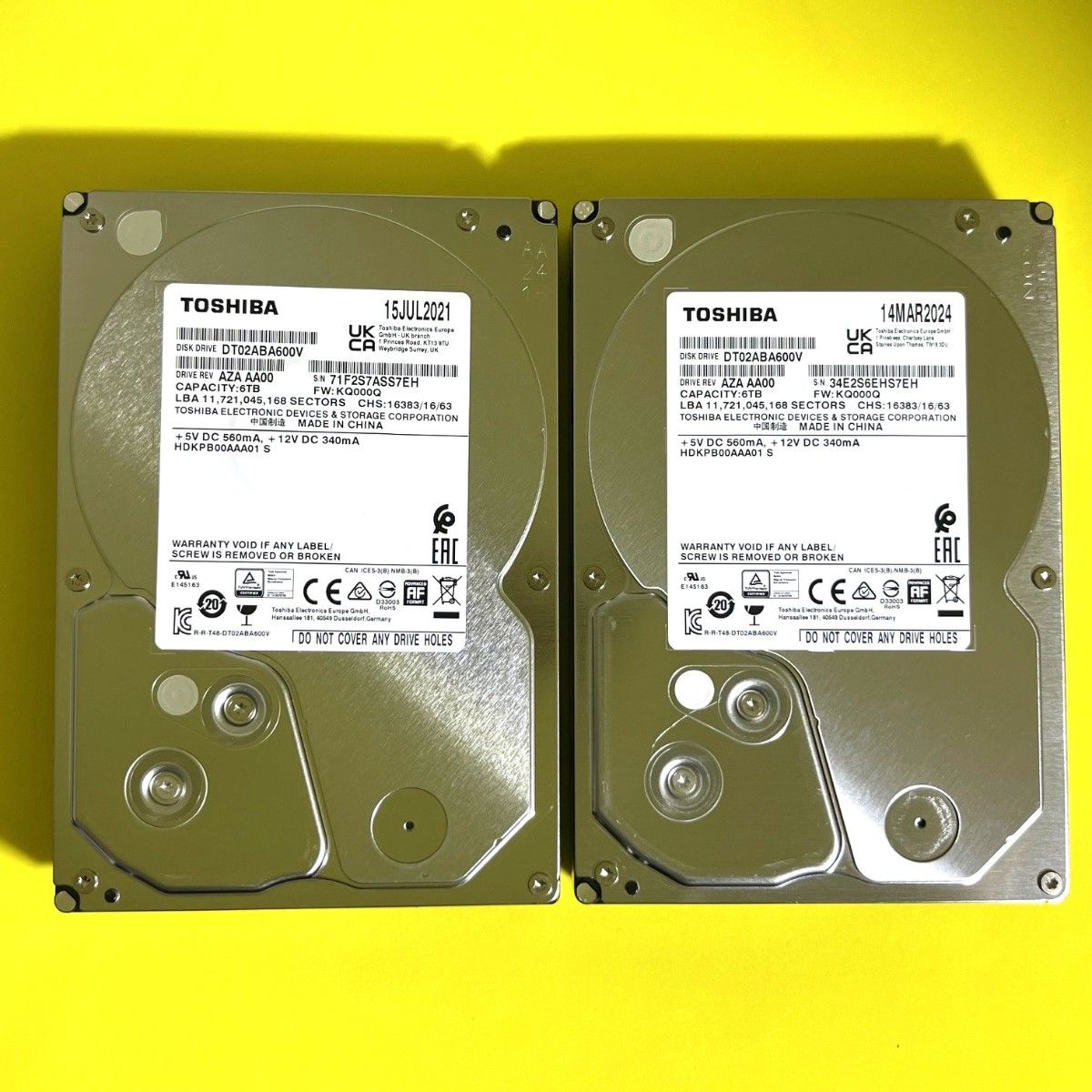2個セット 6TB DT02ABA600V / TOSHIBA【使用時間 375h&387h 2個セット 6TB DT02ABA600V / TOSHIBA【使用時間 375h&387h
