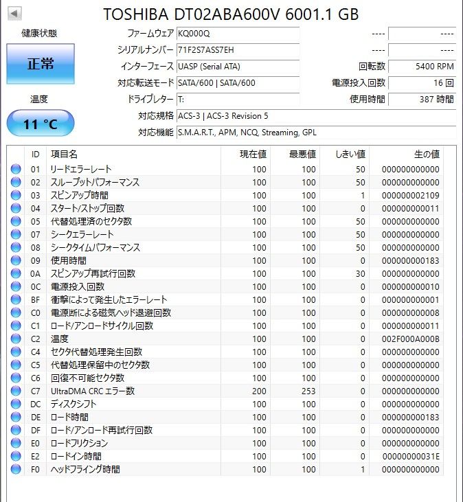 2個セット 6TB DT02ABA600V / TOSHIBA【使用時間 375h&387h 2個セット 6TB DT02ABA600V / TOSHIBA【使用時間 375h&387h