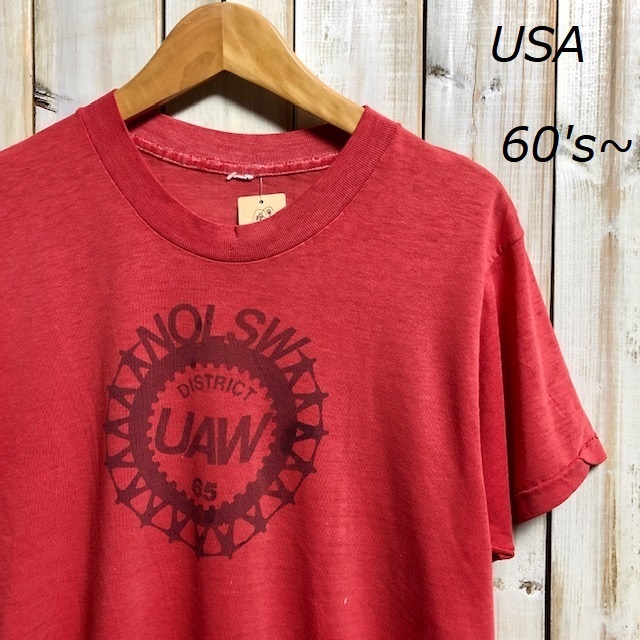 T●45 USA古着 60's～ 染み込みプリント Tシャツ 赤 Sぐらい ヴィンテージＴシャツ・アメリカ古着