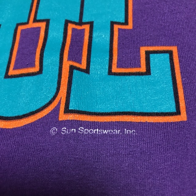 T●129 米買付 USA製 80's プリントTシャツ SUN SPORTSWEAR M パープル アメリカ古着・ヴィンテージ オールドＴシャツ