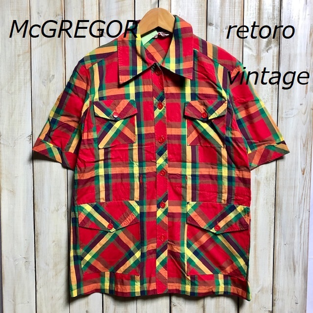 レトロ古着 70's～ McGREGOR マクレガー チェックサファリシャツ M ヴィンテージ ●29_画像1