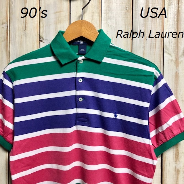 Psh⑪ 米買付 Ralph Laurenラルフローレン ボーダーポロシャツ S ヴィンテージ オールド アメリカ古着