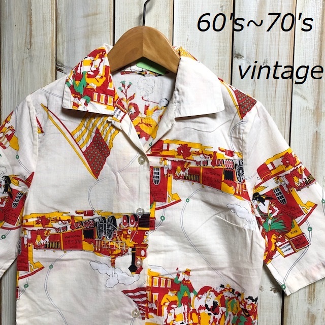 sh●30 60's～70's 昭和レトロ古着 ヴィンテージ 開襟シャツ XS～S ヴィンテージ 昭和レトロ　柄シャツ_画像1