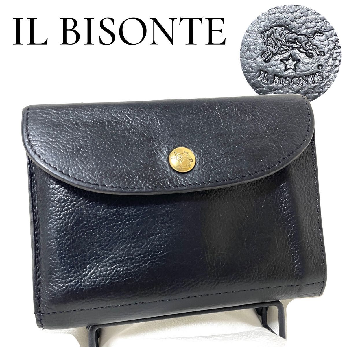 極美品【IL BISONTE】二つ折り財布 本革/シボ革 黒 極美品【IL BISONTE】二つ折り財布 本革/シボ革 黒