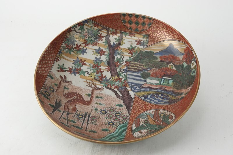 氷】初だし 九谷焼 庄三作 青手 青九谷 金彩 風景図 大皿 飾皿 氷】初だし 九谷焼 庄三作 青手 青九谷 金彩 風景図 大皿 飾皿