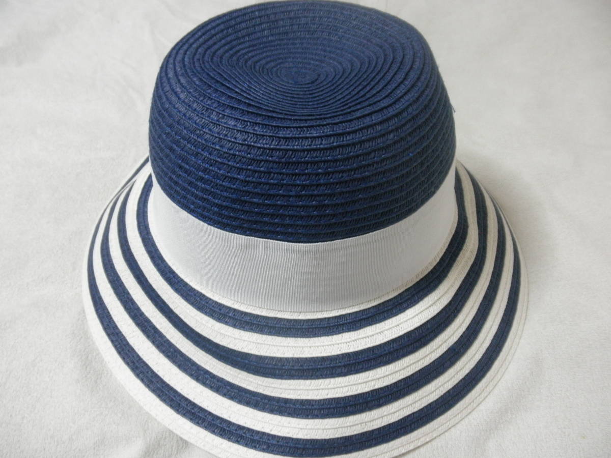  new goods size adjustment possibility! sunshade straw hat blade hat for children girl 55cm border stripe navy blue navy blue color white blue 