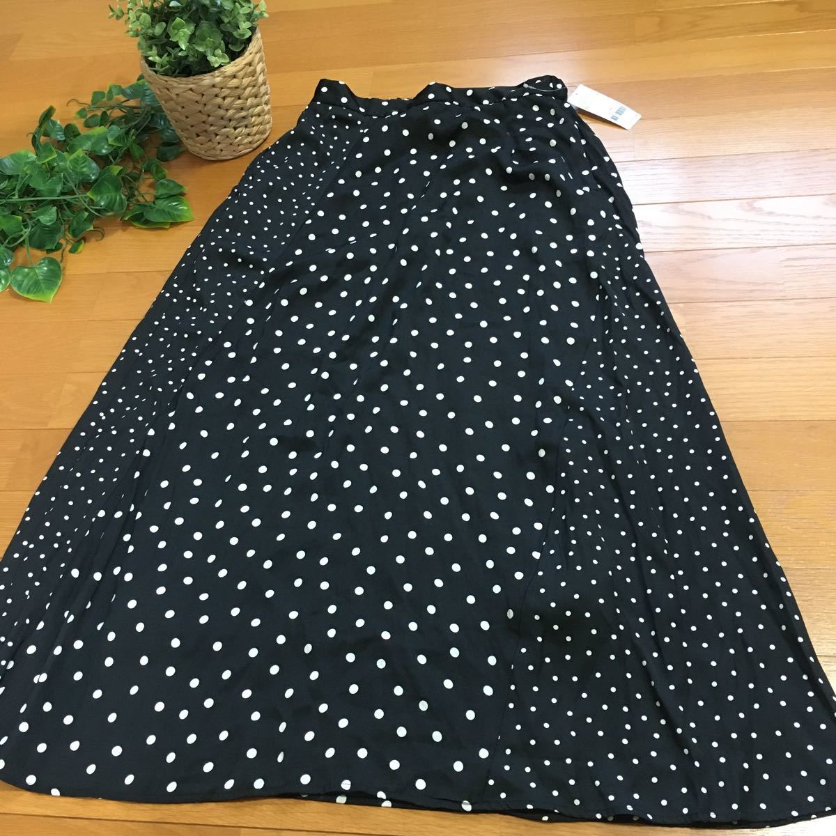 [ new goods prompt decision ] glow bar Work dot switch flair skirt L size long skirt waist rubber black polka dot globalwork