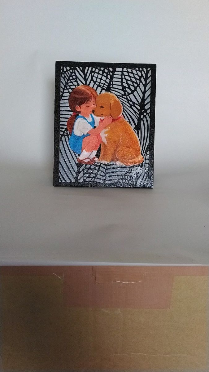 愛犬と少女のアート絵画スタンド