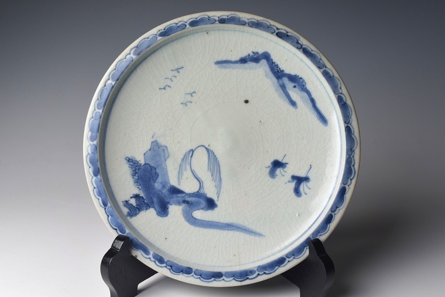 【趣楽】 江戸時代前期　初期伊万里染付山水図飾り皿　直径２１，２ｃｍ　W1151　_画像8