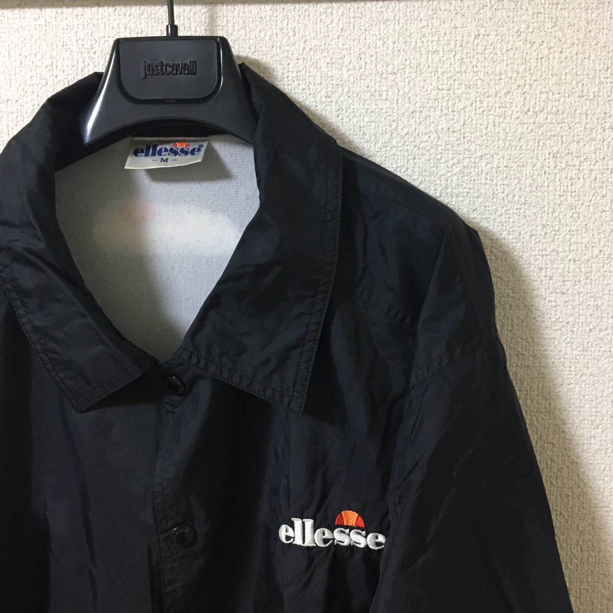90s◆ellesse エレッセ◆ナイロン コーチジャケット 刺繍ロゴエンブレム M 黒 ブラック 90年代 ヴィンテージ オールド