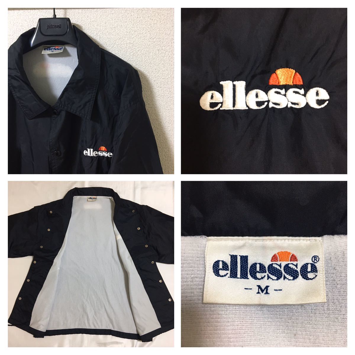 90s◆ellesse エレッセ◆ナイロン コーチジャケット 刺繍ロゴエンブレム M 黒 ブラック 90年代 ヴィンテージ オールド