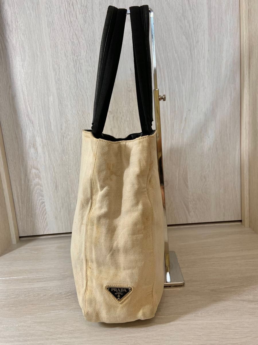 PRADA トートバッグ 三角ロゴプレート キャンバス レザー 白 PRADA トートバッグ 三角ロゴプレート キャンバス レザー 白