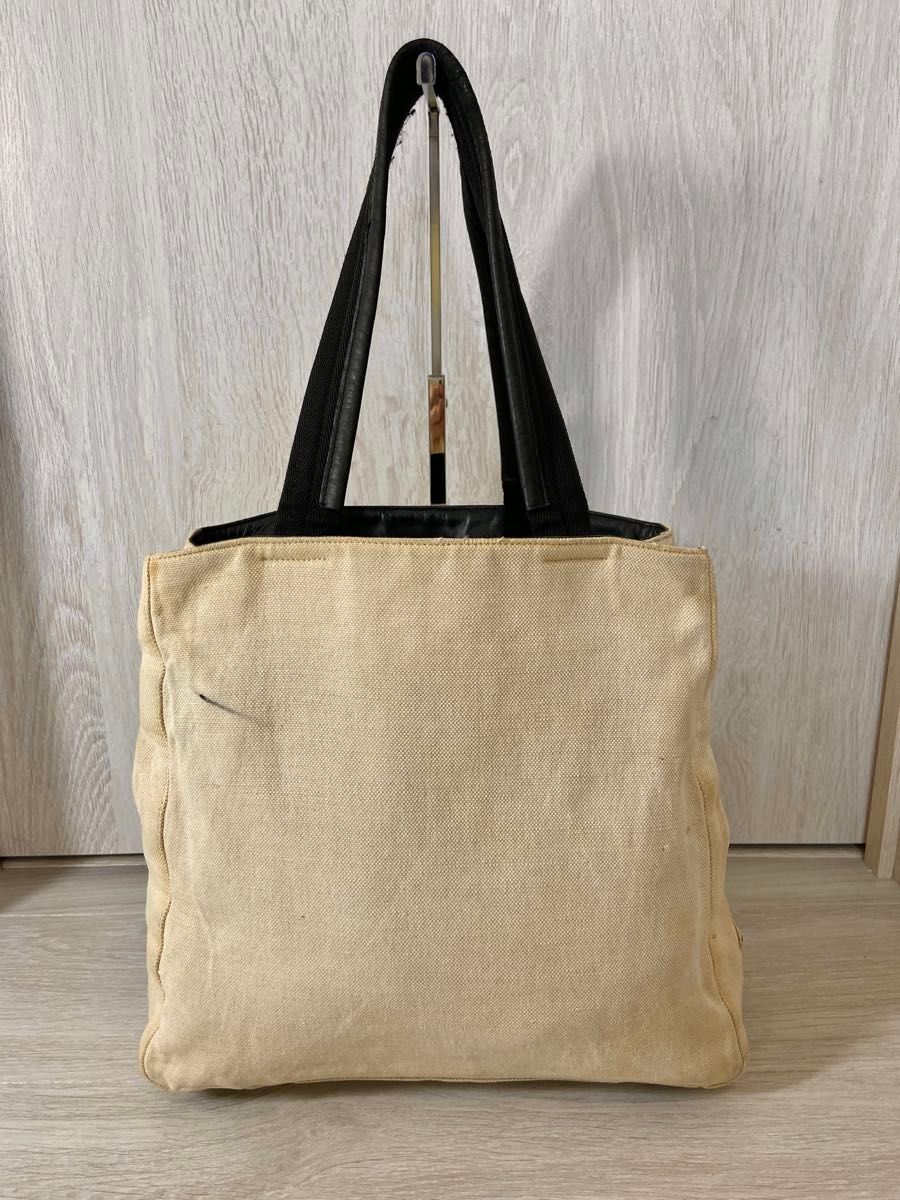 PRADA トートバッグ 三角ロゴプレート キャンバス レザー 白 PRADA トートバッグ 三角ロゴプレート キャンバス レザー 白