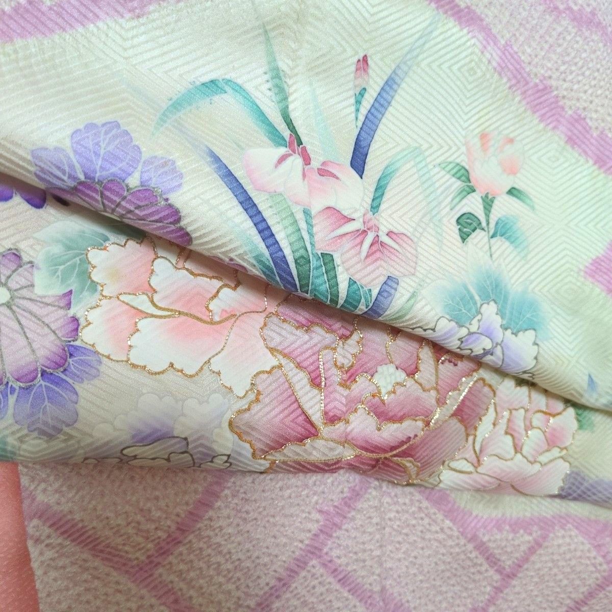 振袖セット 花車文 正絹 友禅 金駒刺繍 入子菱地紋 金彩加工 振袖セット 花車文 正絹 友禅 金駒刺繍 入子菱地紋 金彩加工