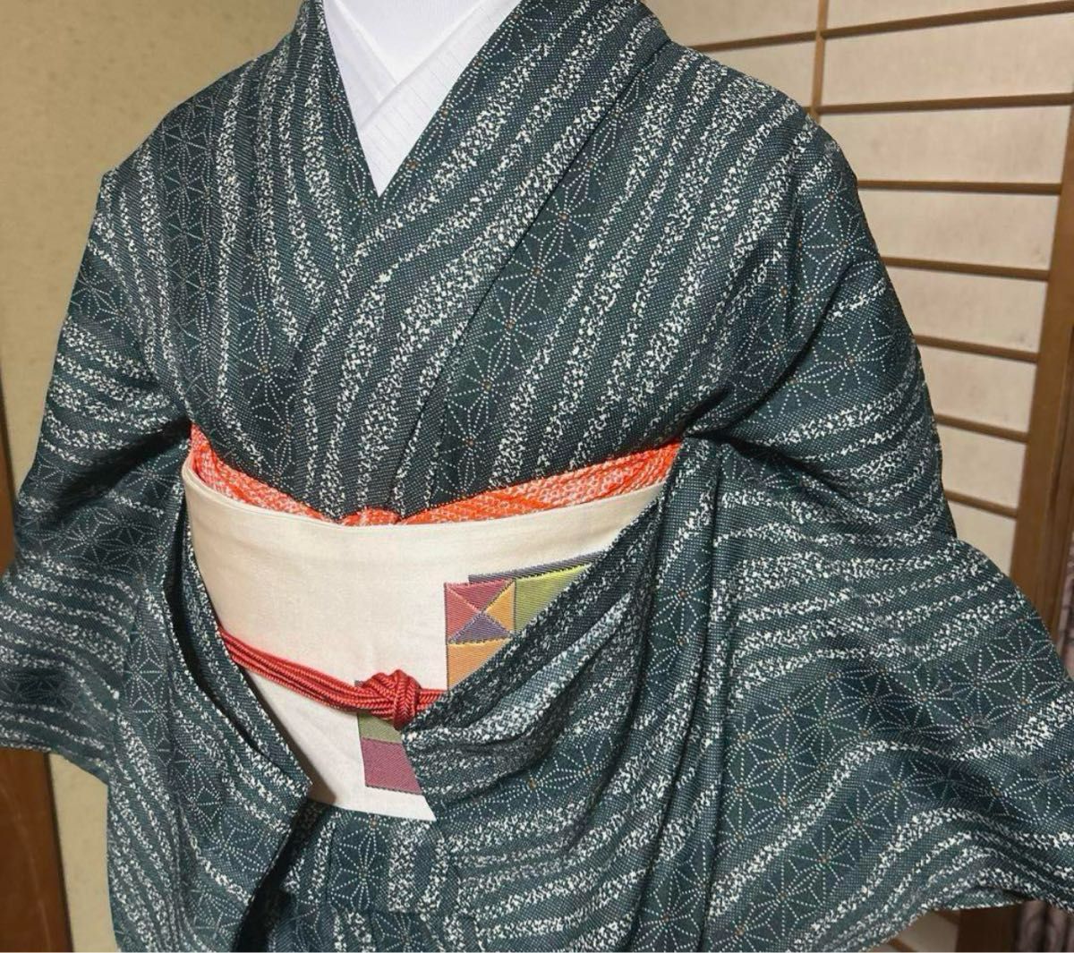 洗える縮緬単衣小紋フルセット4点 美品着物+正絹名古屋帯+ 洗える縮緬単衣小紋フルセット4点 美品着物+正絹名古屋帯+