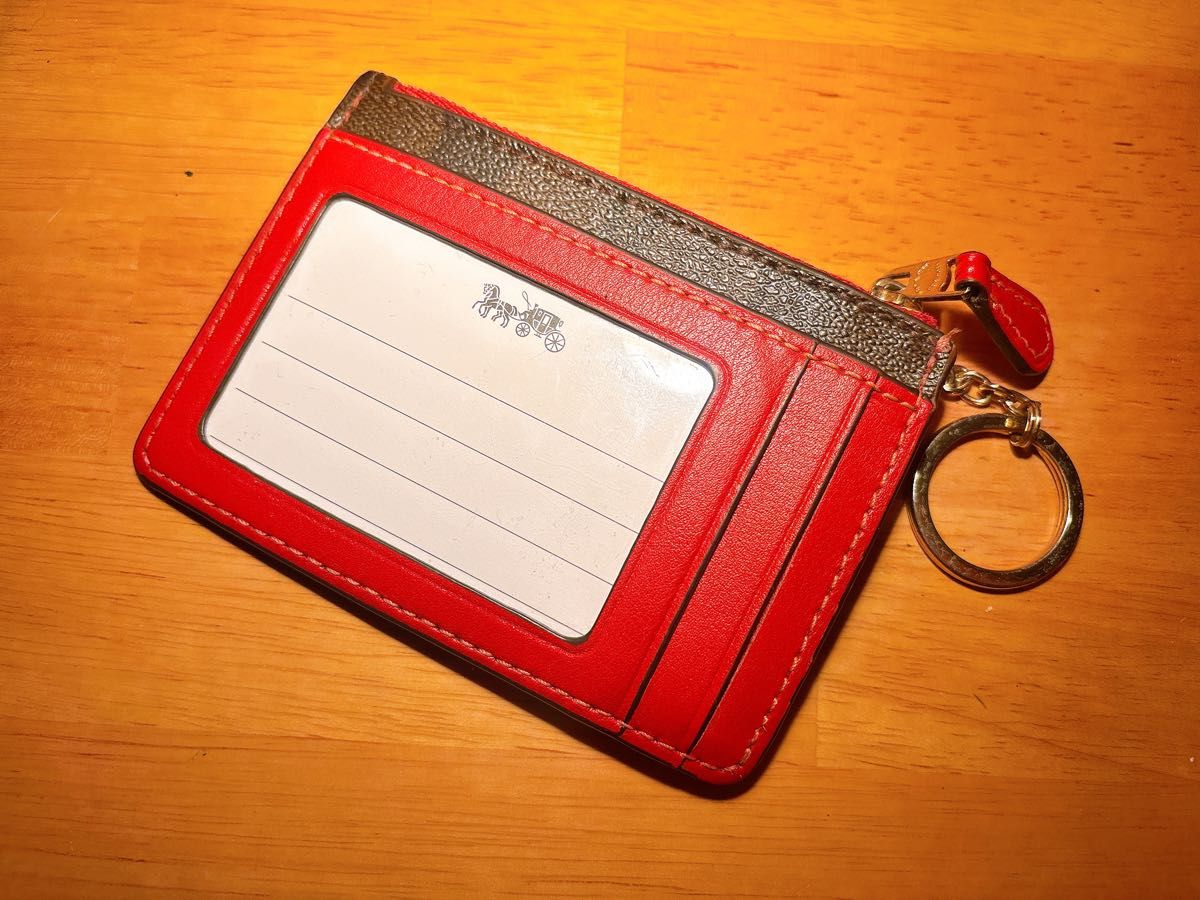 Coach 小銭入れ カードケース パスケース レッド ブラウン COACH コインケース付き パスケース キーホルダー付き ブラウン
