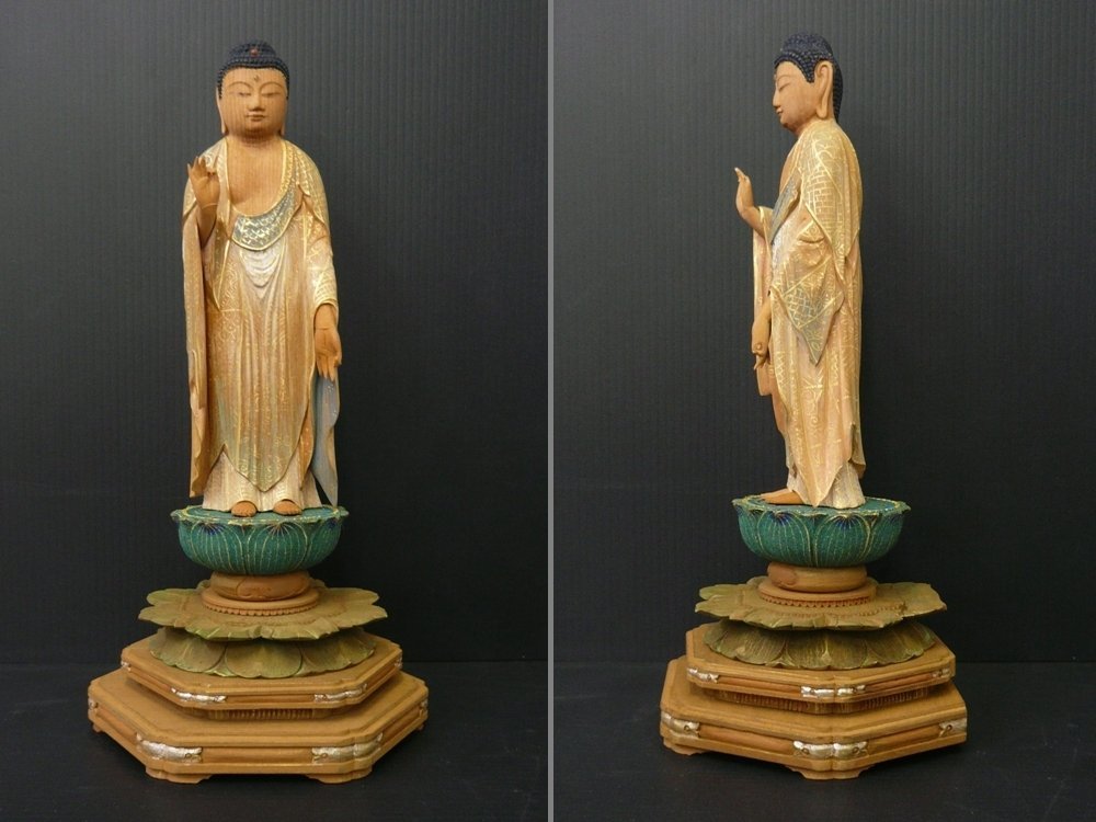 超美品 阿弥陀如来立像 ◇白檀 6寸 放射光 火焔文 舟型来迎雲文光背