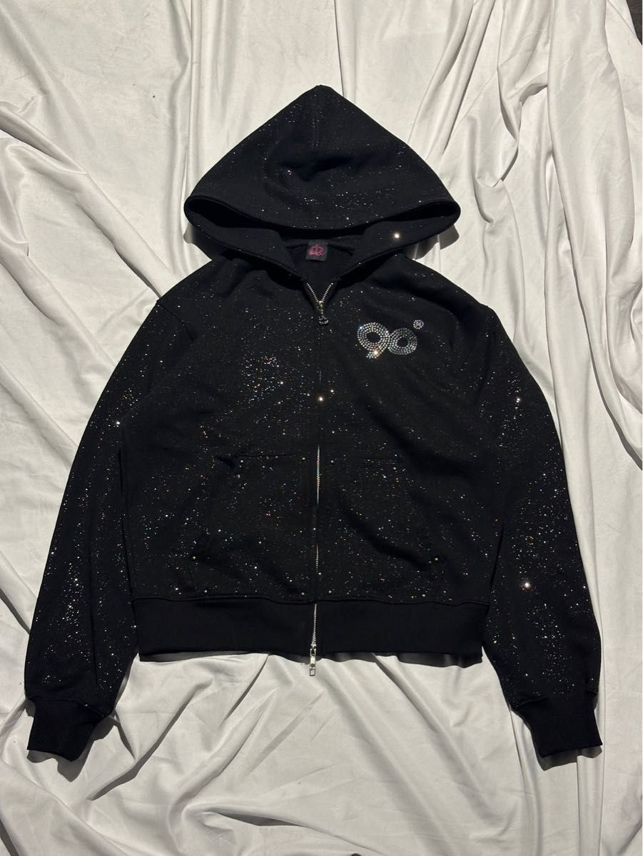9090 Logo Glitter Light Zip Hoodie 黒 ラメ パーカーのみ L 9090 Logo Glitter Light Zip Hoodie 黒 ラメ パーカーのみ L