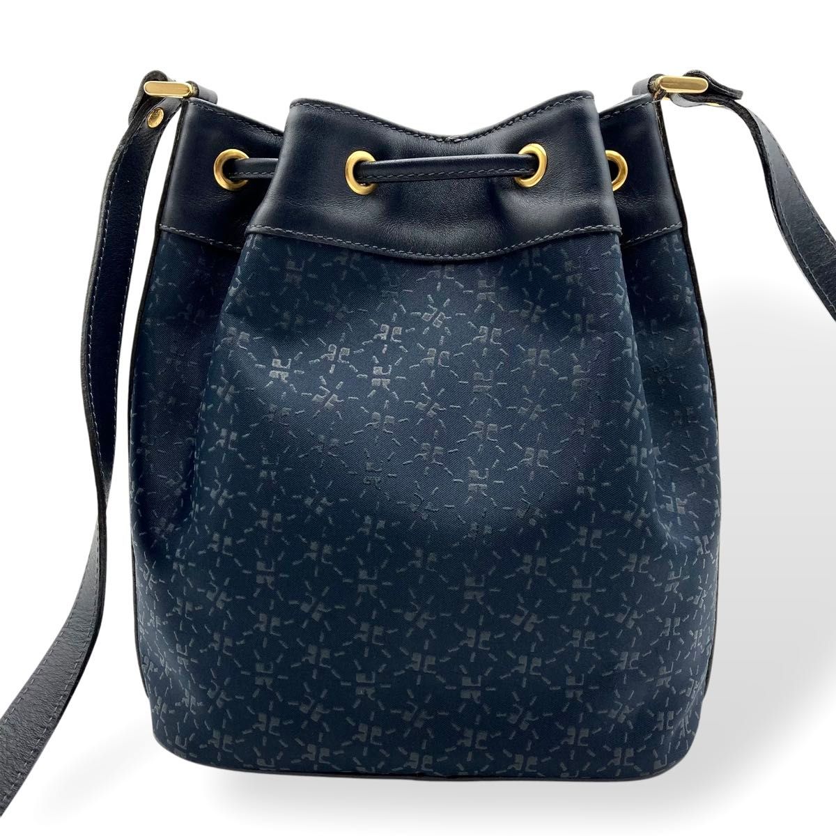 courreges クレージュ ショルダーバッグ 巾着型 総柄 ネイビー courreges クレージュ ショルダーバッグ 巾着型 総柄 ネイビー