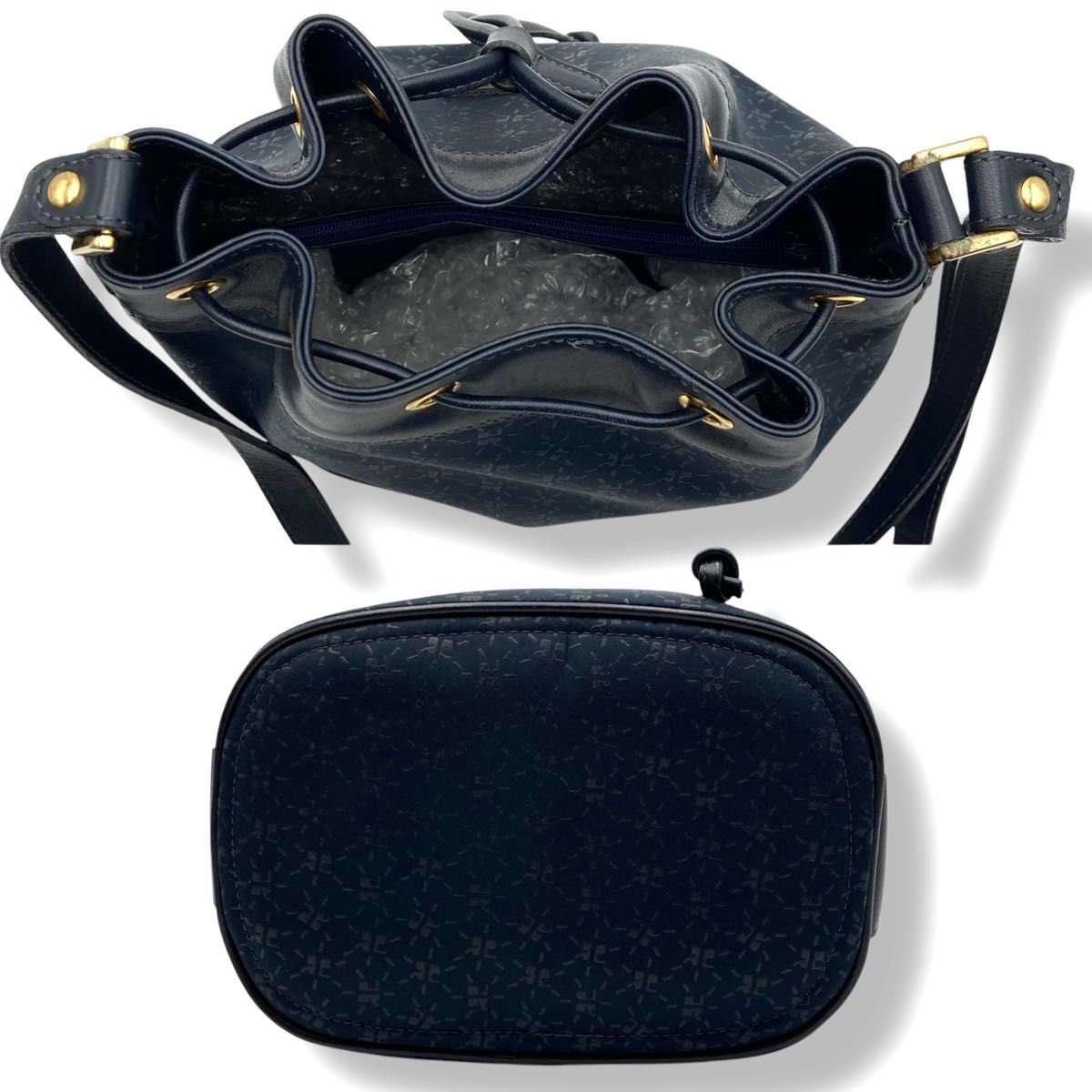 courreges クレージュ ショルダーバッグ 巾着型 総柄 ネイビー courreges クレージュ ショルダーバッグ 巾着型 総柄 ネイビー