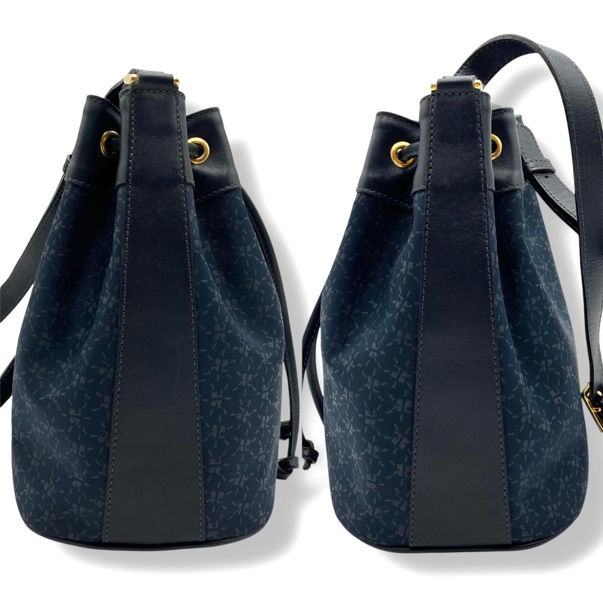 courreges クレージュ ショルダーバッグ 巾着型 総柄 ネイビー courreges クレージュ ショルダーバッグ 巾着型 総柄 ネイビー