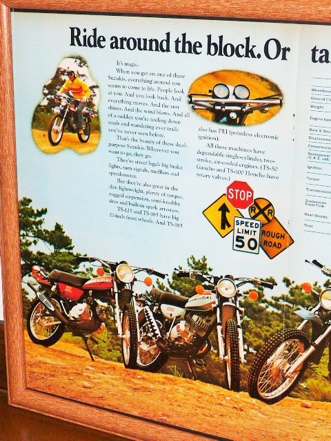 1974年 U.S.A. '70s 洋書雑誌広告 額装品 SUZUKI TS50 TS100 TS125 TS185 TS250 TS400 (A3サイズ・大きいサイズ) _画像2