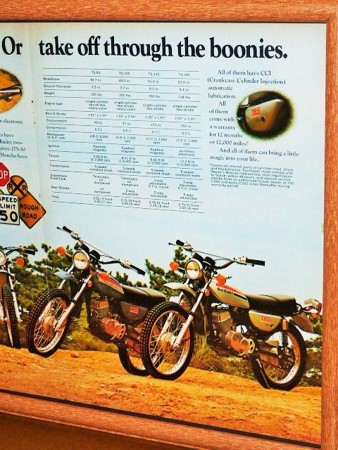 1974年 U.S.A. '70s 洋書雑誌広告 額装品 SUZUKI TS50 TS100 TS125 TS185 TS250 TS400 (A3サイズ・大きいサイズ) _画像3