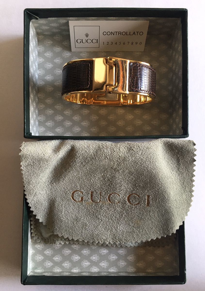 GUCCI/グッチ】Gロゴ バングル・ゴールド/型押しレザーコンビ(使用品