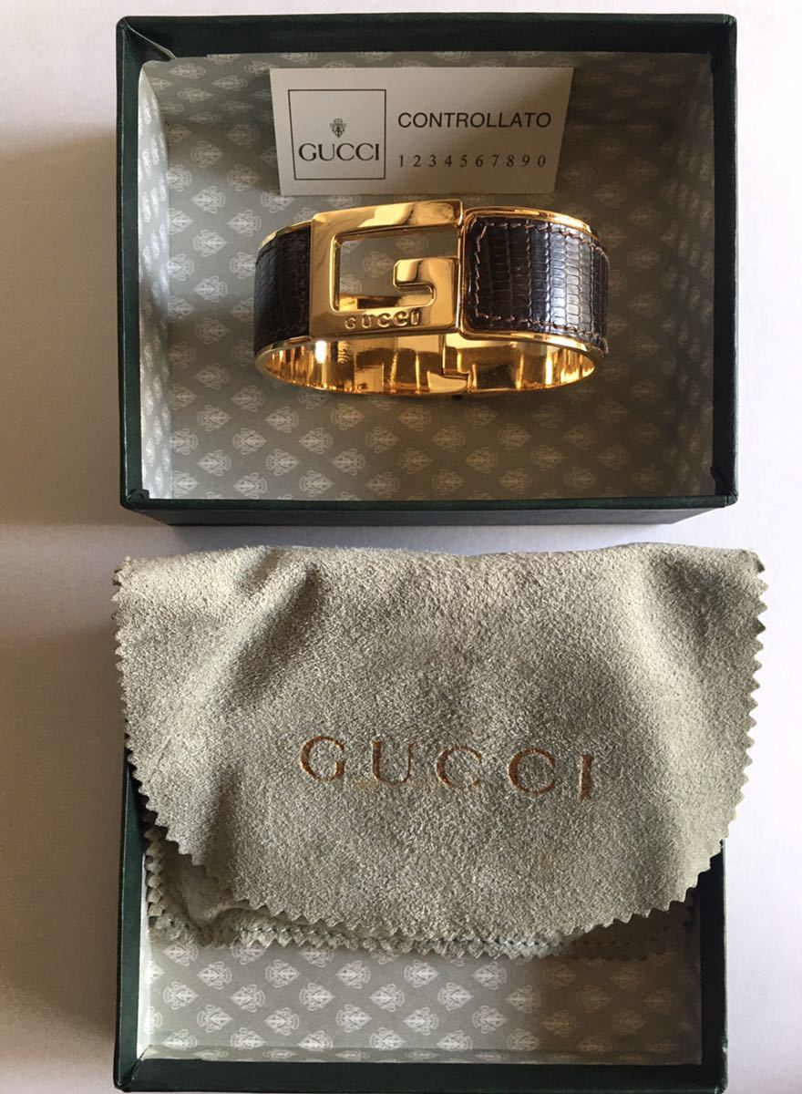 【GUCCI／グッチ】Gロゴ バングル・ゴールド/型押しレザーコンビ（使用品）_画像1