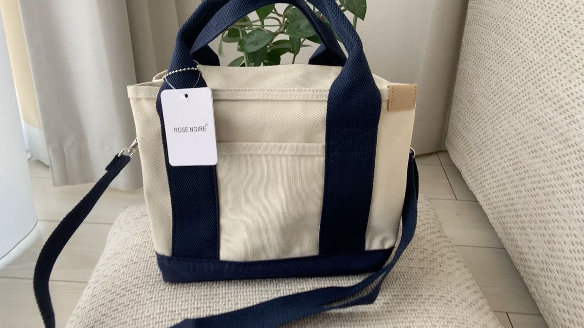 ミニトートバッグ 帆布 トートバッグ 2wayキャンバス 3つ仕切り 軽い 大容量 軽量 ホウイトxネイビー