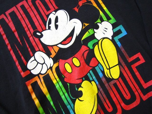 F110＊80s ビンテージ Disney Mickey Mouse ミッキー キャラクター Big プリント スウェット トレーナー 黒 XL 古着　レインボー_画像2