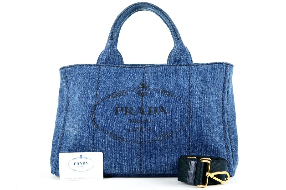 【美品】PRADA プラダ カナパ デニム 2WAYショルダー ハンドバッグ ブルー×ゴールド金具 レディース鞄【HD28】_画像1