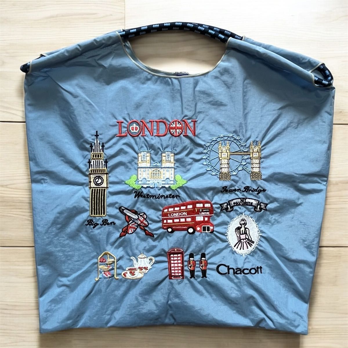 SALE ロンドン名所 刺繍 エコバッグ ベビーブルー M Chacott柄 SALE ロンドン名所 刺繍 エコバッグ ベビーブルー M Chacott柄