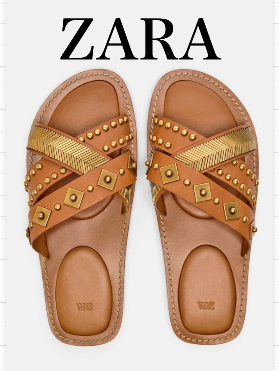 zara スタッズレザーサンダル ストラップサンダル フラット zara スタッズレザーサンダル ストラップサンダル フラット