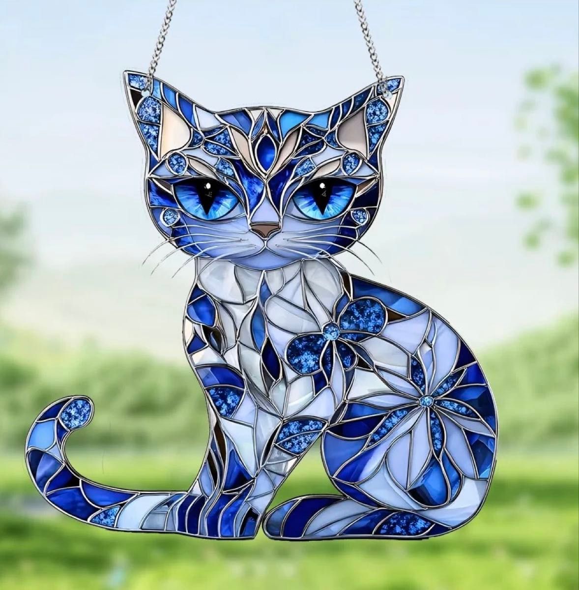青猫 猫雑貨 ステンドグラス風 サンキャッチャー 壁掛け 青猫 猫雑貨 ステンドグラス風 サンキャッチャー 壁掛け