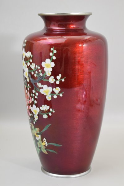 七宝焼 花瓶 赤透釉 四君子文 箱 台座付 菊 梅 花器 花入 花瓶 七宝焼 花瓶 赤透釉 四君子文 箱 台座付 菊 梅 花器 花入 花瓶