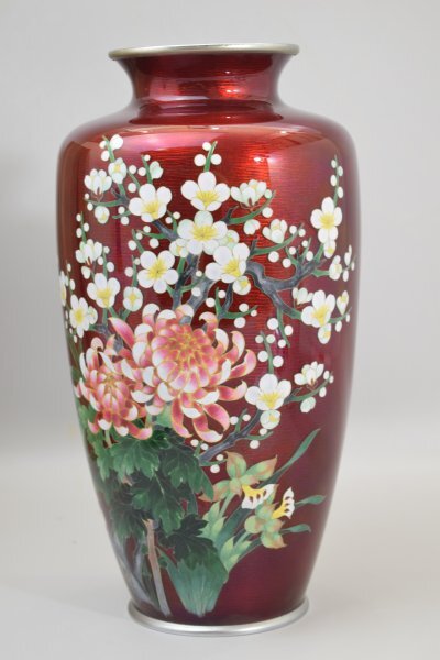 七宝焼 花瓶 赤透釉 四君子文 箱 台座付 菊 梅 花器 花入 花瓶 七宝焼 花瓶 赤透釉 四君子文 箱 台座付 菊 梅 花器 花入 花瓶
