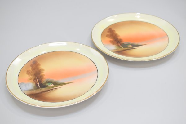 オールドノリタケ 絵皿 5客 M-JAPAN印 金彩 夕暮れの湖畔 風景 オールドノリタケ 絵皿 5客 M-JAPAN印 金彩 夕暮れの湖畔 風景