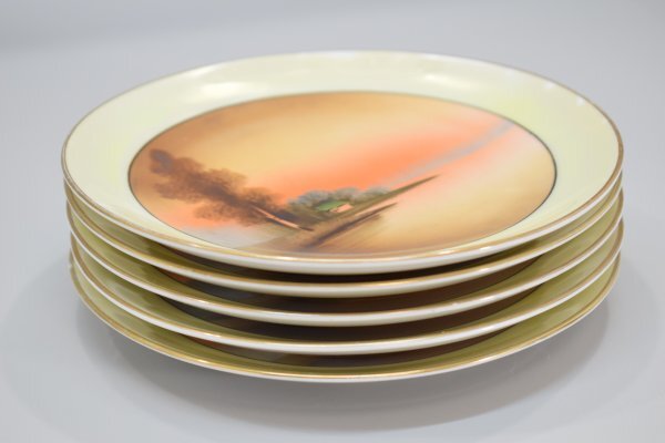 オールドノリタケ 絵皿 5客 M-JAPAN印 金彩 夕暮れの湖畔 風景 オールドノリタケ 絵皿 5客 M-JAPAN印 金彩 夕暮れの湖畔 風景