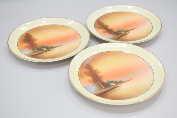 オールドノリタケ 絵皿 5客 M-JAPAN印 金彩 夕暮れの湖畔 風景 オールドノリタケ 絵皿 5客 M-JAPAN印 金彩 夕暮れの湖畔 風景
